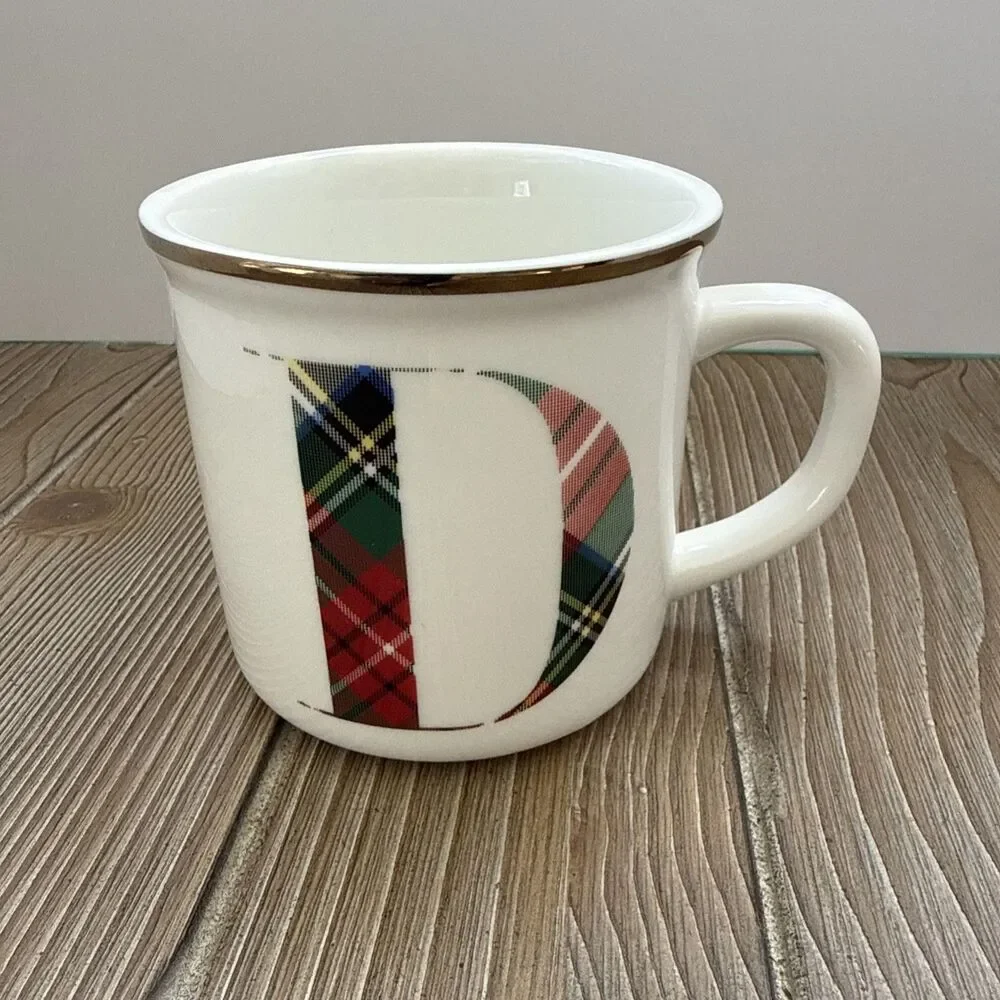 POTTERY BARN STEWART PLAID ALPHABET STONEWARE MUG D
